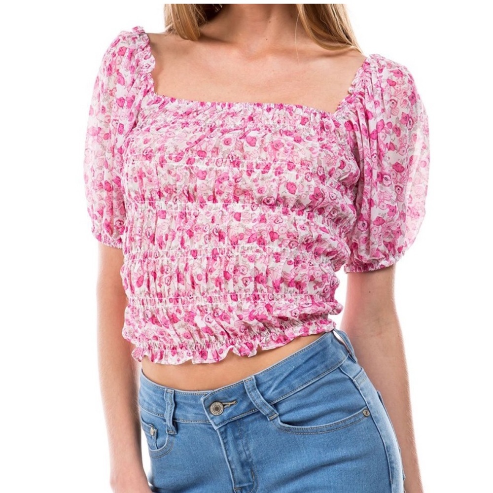 NWT Lucy Paris Printed Smocked Square-Neck Pink Floral Top Sz M